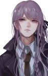 1girl absurdres bangs black_jacket black_ribbon braid closed_mouth collared_shirt commentary_request danganronpa danganronpa_1 earrings expressionless eyebrows_visible_through_hair hair_ribbon highres jacket jewelry kirigiri_kyouko long_hair looking_at_viewer necktie oone0206 open_clothes purple_eyes purple_hair ribbon shirt simple_background single_braid solo upper_body white_background white_shirt 