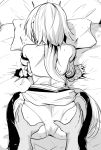  1girl all_fours ass ass_grab back bare_shoulders breasts gauntlets granblue_fantasy greyscale leona_(granblue_fantasy) long_hair monochrome on_bed panties pillow ponytail shiseki_hirame single_gauntlet solo_focus thighs underwear very_long_hair 