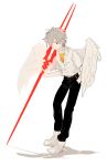  0930erina 1boy bangs belt black_pants boots collar full_body grey_hair hair_over_one_eye hand_in_pocket holding holding_spear holding_weapon looking_at_viewer nagisa_kaworu neon_genesis_evangelion pants polearm shirt short_hair simple_background spear standing weapon white_background white_collar white_footwear white_shirt white_wings wings yellow_collar 