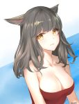  1girl :s animal_ears bangs bare_arms bare_shoulders black_hair breasts cat_ears cat_girl cleavage closed_mouth collarbone eyebrows_visible_through_hair final_fantasy final_fantasy_xiv long_hair maoyao-ll medium_breasts miqo&#039;te signature slit_pupils solo sparkle strapless tubetop yellow_eyes 