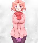  1girl bangs black_legwear blush breasts breath coat eyebrows_visible_through_hair gloves highres impossible_clothes large_breasts long_sleeves looking_at_viewer mikakunin_de_shinkoukei open_mouth pantyhose parted_bangs pink_coat pink_hair purple_eyes purple_gloves red_scarf scarf short_hair short_twintails smile snowing solo twintails twintails_day yonomori_kobeni yue_(show-ei) 