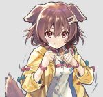  1girl :3 animal_ears bone_hair_ornament bow bracelet breasts brown_eyes brown_hair buttons cartoon_bone choker cleavage dog_ears dog_girl dog_tail dress eyebrows_visible_through_hair fighting_stance hair_between_eyes highres hololive inugami_korone jacket jewelry looking_at_viewer low_twin_braids paw_print sakino_shingetsu simple_background solo tail upper_body virtual_youtuber 