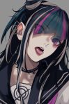  1girl bangs black_hair blue_hair commentary_request danganronpa ear_piercing eyebrows_visible_through_hair eyes_visible_through_hair face grey_background highres long_hair looking_at_viewer mioda_ibuki multicolored_hair oone0206 open_mouth piercing pink_eyes pink_hair school_uniform serafuku shirt simple_background solo super_danganronpa_2 tongue tongue_out white_hair white_shirt 