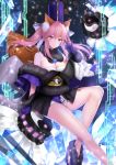  animal_ear_fluff animal_ears bare_shoulders blue_gloves breasts eyebrows_visible_through_hair fate/extella fate/extra fate_(series) fox_ears fox_girl fox_shadow_puppet fox_tail gloves hair_ribbon highres japanese_clothes large_breasts off_shoulder pink_hair ribbon short_shorts shorts tail tamamo_(fate)_(all) tamamo_no_mae_(fate) white_ribbon yellow_eyes yuzushiro 