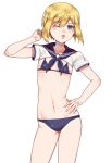  1girl bikini blonde_hair blue_bikini blue_eyes blush breasts dress erica_hartmann eyebrows_visible_through_hair groin hand_on_hip highres looking_at_viewer navel one_eye_closed open_mouth sailor_dress sayama_(chiwan0830) shiny shiny_hair shiny_skin short_hair small_breasts solo standing strike_witches swimsuit world_witches_series 