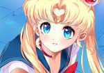  1girl artist_name bangs bishoujo_senshi_sailor_moon blonde_hair blue_eyes blue_sailor_collar blush breasts choker circlet cleavage collarbone commentary crescent crescent_earrings dated double_bun earrings hair_ornament hair_over_shoulder heart heart_choker jewelry lazoomaiga long_hair parted_lips red_choker sailor_collar sailor_moon sailor_moon_redraw_challenge sailor_senshi_uniform signature solo twintails upper_body 