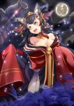  1girl 1other animal_ear_fluff animal_ears animal_head bare_shoulders bell bird black_hair breasts chimera cleavage commentary commentary_request cosplay crown curled_horns fate/grand_order fate_(series) full_moon hatotaur hololive horns japanese_clothes kimono large_breasts long_hair menacing_(jojo) moon multicolored_hair off_shoulder ookami_mio pigeon red_hair red_kimono solo tamamo_(fate)_(all) tamamo_no_mae_(fate) tamamo_no_mae_(fate)_(cosplay) two-tone_hair very_long_hair virtual_youtuber wolf_ears wolf_girl yasume_yukito 