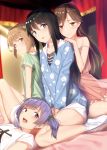  4girls arashio_(kantai_collection) asashio_(kantai_collection) bangs bed black_hair blue_eyes blush brown_hair closed_mouth clothes_writing double_bun eyebrows_visible_through_hair grey_hair hair_ribbon highres jacket kantai_collection light_brown_hair long_hair long_sleeves lying michishio_(kantai_collection) multiple_girls off_shoulder on_back ooshio_(kantai_collection) open_mouth pajamas pallad polka_dot purple_eyes ribbon shirt short_sleeves short_twintails shorts sitting socks twintails white_legwear yellow_eyes 