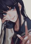  1girl bangs black_eyes black_hair blurry closed_mouth commentary_request danganronpa danganronpa_1 depth_of_field eyebrows_visible_through_hair eyelashes grey_background hair_ornament hairclip hand_on_own_cheek hand_on_own_face highres long_hair long_sleeves looking_at_viewer maizono_sayaka oone0206 sailor_collar school_uniform serafuku simple_background smile solo upper_body 