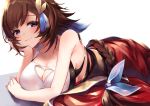  1girl 40_(0f0urw) absurdres blue_eyes braid breasts brown_hair chin_rest cleavage granblue_fantasy hair_ornament highres large_breasts leona_(granblue_fantasy) lying on_stomach smile 