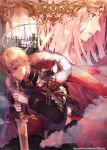  1boy 1girl armor blissuro blonde_hair cape chainmail cover cover_page fantasy gloves kneeling original pink_hair purple_eyes red_cape red_eyes sword watermark weapon web_address white_gloves 