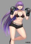  1girl abs bangs bare_shoulders belt bikini black_bikini black_shorts blue_eyes blunt_bangs blush boxing_gloves breasts choker cleavage collarbone cross cross_choker cutoffs earrings fate/grand_order fate_(series) gradient gradient_background grey_background highres jewelry large_breasts long_hair looking_at_viewer masamune_oekaki navel open_mouth purple_hair saint_martha short_shorts shorts smile swimsuit thighs 