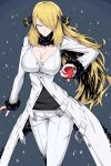  black_shirt blonde_hair breasts cleavage closed_mouth coat commentary_request fur_trim gen_4_pokemon hair_over_one_eye highres holding holding_poke_ball large_breasts long_hair pants poke_ball pokemon shimure_(460) shirona_(pokemon) shirt sidelocks standing white_coat white_pants 