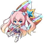  1girl :d angelic_buster bangs bare_shoulders blue_eyes boots brown_hair eyebrows_visible_through_hair fang full_body gloves glowing gradient_hair hair_between_eyes hair_ornament holding holding_hammer long_hair looking_at_viewer maplestory multicolored_hair nekono_rin open_mouth pink_hair pleated_skirt purple_skirt revision shirt skirt sleeveless sleeveless_shirt smile solo star_(symbol) thighhighs thighhighs_under_boots transparent_background transparent_wings two-handed two_side_up very_long_hair white_footwear white_gloves white_legwear white_shirt 