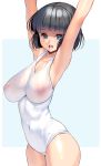  1girl armpits arms_up bangs black_hair blue_eyes blunt_bangs breasts covered_navel covered_nipples cowboy_shot crotch_seam eyebrows_visible_through_hair highres large_breasts looking_at_viewer masao one-piece_swimsuit open_mouth original photoshop_(medium) revision school_swimsuit see-through short_hair simple_background solo swimsuit two-tone_background white_background white_school_swimsuit white_swimsuit 