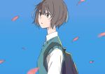  1girl :o backpack bag blue_background blush brown_hair from_side green_eyes green_vest highres long_sleeves monsieur original parted_lips petals shirt short_hair simple_background solo upper_body vest white_shirt wing_collar 