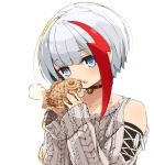  1girl admiral_graf_spee_(azur_lane) admiral_graf_spee_(daily_peaceful_life)_(azur_lane) aran_sweater azur_lane black_choker blue_eyes choker food grey_hair grey_sweater hands_up holding holding_food looking_at_viewer mota multicolored_hair open_mouth red_hair short_hair shoulder_cutout simple_background sleeves_past_wrists solo steam streaked_hair sweater taiyaki two-tone_hair upper_body wagashi white_background 