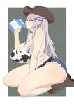  1girl absurdres animal_print boots breasts cow_print cowboy_boots cowboy_hat frolaytia_capistrano hakuto7u hat heavy_object highres huge_breasts milk milk_carton purple_eyes sexually_suggestive short_shorts shorts silver_hair thighs 