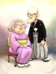  alternate_costume artist_name bald couple courage_the_cowardly_dog eustace_bagge frown glasses grey_hair gyosone japanese_clothes kimono muriel_bagge obi old_man old_woman sandals sash smile v-shaped_eyebrows 