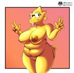 alphys anthro areola belly big_breasts big_butt breasts buckteeth butt curvy_figure deep_navel eyewear female fours_(artist) genitals gesture glasses hi_res huge_breasts looking_at_viewer navel nipples non-mammal_breasts overweight overweight_female pussy reptile scales scalie short_tail simple_background smile solo standing teeth thick_tail thick_thighs tongue tongue_out undertale v_sign video_games voluptuous wide_hips yellow_body yellow_scales 