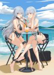 2girls ak-15_(girls_frontline) alcohol ankle_strap bag bangs bare_shoulders beach blue_eyes blue_sky blush braid breasts cleavage cloud collarbone commentary_request cup drinking drinking_glass drinking_straw eyebrows_visible_through_hair girls_frontline hair_around_ear hair_between_eyes hair_over_one_eye large_breasts long_hair looking_at_another looking_to_the_side moran_(pixiv27824646) multiple_girls ocean one-piece_swimsuit purple_eyes rpk-16_(girls_frontline) sand scenery shore short_hair silver_hair single_braid sitting sky swimsuit table thigh_strap underboob water waves 