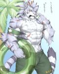  2020 4:5 5_fingers abs anthro armband biceps biped captainjohkid clothed clothing felid fingers floatie fur grey_body grey_fur hair hi_res humanoid_hands japanese_text male mammal multicolored_body multicolored_fur muscular muscular_male navel pantherine pawpads pecs pink_nose pubes scar shiro_(world_flipper) solo striped_tail stripes text tied_hair tiger topless translation_request two_tone_body two_tone_fur white_body white_fur world_flipper 