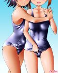  2girls black_hair blue_swimsuit brown_hair collarbone dr_rex facing_viewer gradient gradient_background head_out_of_frame multiple_girls old_school_swimsuit one-piece_swimsuit open_mouth original school_swimsuit short_hair smile standing swimsuit tan tanline 