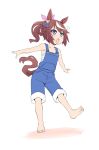  1girl animal_ears bangs barefoot blue_eyes brown_hair commentary_request ear_ribbon horse_ears horse_girl horse_tail looking_to_the_side medium_hair multicolored_hair open_mouth overalls simple_background solo split standing standing_on_one_leg standing_split streaked_hair tail tokai_teio tonpuu umamusume white_background younger 