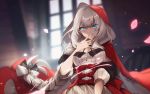  1girl bangs blue_eyes braid breasts cleavage cloak dress fate/grand_order fate_(series) grin heroic_spirit_festival_outfit hood hooded_cloak large_breasts long_hair looking_at_viewer marie_antoinette_(fate/grand_order) no-kan petals puffy_short_sleeves puffy_sleeves red_cloak red_hood short_sleeves silver_hair single_braid smile very_long_hair white_dress 