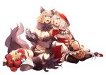  2girls ;d absurdres animal_ears apple black_legwear blonde_hair blue_eyes breasts capelet cleavage cosplay dangerous_beast elbow_gloves fate/apocrypha fate/grand_order fate_(series) flower food fruit fur-trimmed_gloves fur-trimmed_legwear fur_collar fur_trim gloves golden_apple halloween halloween_costume headpiece heroic_spirit_festival_outfit highres hood hooded_capelet jeanne_d&#039;arc_(fate) jeanne_d&#039;arc_(fate)_(all) lace lace-trimmed_legwear large_breasts long_hair marie_antoinette_(fate/grand_order) mash_kyrielight mash_kyrielight_(cosplay) multiple_girls nature navel no-kan o-ring o-ring_top one_eye_closed open_mouth outdoors picnic_basket purple_gloves purple_legwear red_capelet red_headwear red_hood revealing_clothes saint_quartz silver_hair simple_background smile tail very_long_hair wolf_ears wolf_girl wolf_tail 