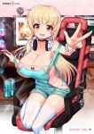  1girl :d artist_name bangs bare_shoulders bead_bracelet beads black_choker blonde_hair bracelet breasts brown_eyes chair choker cleavage collarbone computer energy_drink english_text green_nails headphones headphones_around_neck highres huge_breasts indoors jewelry long_hair looking_at_viewer monitor mouse_(computer) nintendo_switch open_mouth original overalls sitting smile solo underwear v virus-g white_legwear 