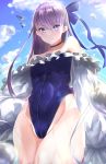  1girl absurdres bangs bare_shoulders bird blue_eyes blue_ribbon blue_sky blush breasts choker closed_mouth collarbone fate/grand_order fate_(series) flying frills hair_ribbon highleg highleg_swimsuit highres johnny_(pixiv16641601) long_hair long_sleeves looking_at_viewer meltryllis meltryllis_(swimsuit_lancer)_(fate) off-shoulder_swimsuit one-piece_swimsuit penguin puffy_sleeves purple_hair revision ribbon sky sleeves_past_fingers sleeves_past_wrists small_breasts swimsuit thighs very_long_hair wet white_ribbon 