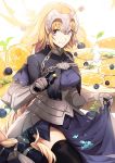  1girl armor armored_dress bangs black_legwear blonde_hair blue_dress blueberry braid breasts candy capelet chain closed_mouth dress fate/apocrypha fate_(series) faulds food fruit gauntlets headpiece highres jeanne_d&#039;arc_(fate) jeanne_d&#039;arc_(fate)_(all) large_breasts lemon long_braid long_hair looking_at_viewer low-tied_long_hair no-kan plackart purple_eyes single_braid smile thighhighs thighs 
