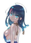  1girl back bangs bare_shoulders black_hair blue_eyes blush breasts closed_mouth dress fate/grand_order fate/requiem fate_(series) jewelry large_breasts looking_at_viewer looking_back magatama magatama_hair_ornament medium_hair multicolored_hair necklace nenehotoso pink_hair sideboob sideless_outfit sleeveless sleeveless_dress smile streaked_hair utsumi_erise white_background white_dress 