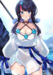  1girl absurdres bangs bare_shoulders black_hair blue_eyes blue_ribbon blue_sky blush breasts cleavage collarbone dan_gan dress fate/grand_order fate/requiem fate_(series) highres jewelry large_breasts long_sleeves looking_at_viewer magatama magatama_hair_ornament medium_hair multicolored_hair necklace ocean open_mouth pelvic_curtain pink_hair polearm puffy_long_sleeves puffy_sleeves ribbon short_dress sideboob sideless_outfit sky sparkle spear streaked_hair thighs utsumi_erise wading water weapon wet white_dress 