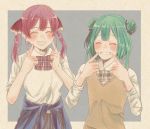  2girls ^_^ alternate_costume blush bow bowtie checkered checkered_neckwear closed_eyes clothes_around_waist commentary_request double_bun fingersmile green_hair grin hair_ornament hair_ribbon hands_up highres hololive houshou_marine long_sleeves multiple_girls neck_ribbon no_eyepatch open_mouth red_hair ribbon school_uniform sgws0 shirt short_hair short_sleeves sleeves_rolled_up smile sweater_around_waist sweater_vest twintails two-tone_background upper_body uruha_rushia virtual_youtuber white_shirt 