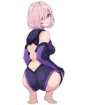  1girl absurdres ass bare_shoulders barefoot blush breasts eyebrows_visible_through_hair eyes_visible_through_hair fate/grand_order fate_(series) feet from_behind frown gloves grin hair_over_one_eye highleg highleg_leotard highres kobaji large_breasts leotard looking_at_viewer mash_kyrielight purple_eyes purple_gloves revision short_hair simple_background smile solo squatting wedgie white_background 