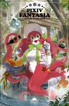  1girl :d bottle bow box bracelet copyright_name fish full_body green_bow green_eyes hair_between_eyes highres jewelry long_hair looking_at_viewer monster_girl open_mouth overgrown pixiv_fantasia pixiv_fantasia_age_of_starlight red_hair satuma_s scylla smile solo starfish tentacles water white_headwear white_skin wristband 