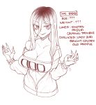  1girl breasts character_name character_profile ekz_(drawfag) english_text eyebrows_visible_through_hair highres huge_breasts long_hair looking_at_viewer ms._ddd naughty_face off_shoulder original partially_unzipped solo strapless tubetop w_arms 