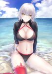  1girl absurdres ahoge bangs beach bikini black_bikini black_choker black_jacket blue_sky blush breasts choker cleavage closed_mouth collarbone cropped_jacket fate/grand_order fate_(series) fuwatoromonta highres jacket jeanne_d&#039;arc_(alter_swimsuit_berserker) jeanne_d&#039;arc_(fate)_(all) large_breasts long_hair long_sleeves looking_at_viewer navel o-ring o-ring_bikini ocean pale_skin red_legwear revision silver_hair single_thighhigh sitting sky swimsuit thighhighs thighs very_long_hair yellow_eyes 