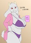  2020 anthro black_pupils black_text boss_monster bovid breast_squish breasts caprine clothed clothing creatiffy female fur hi_res holding_mug holding_object horn iris mammal monotone_body monotone_clothing monotone_fur monotone_panties monotone_underwear panties pink_clothing pupils purple_bra purple_clothing purple_panties purple_underwear red_eyes solo squish text toriel undertale underwear video_games 