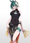  1girl bare_shoulders black_dress blue_eyes breasts china_dress chinese_clothes commentary_request covered_navel cowboy_shot dress eyebrows_visible_through_hair gradient gradient_background green_hair highres holding in_mouth large_breasts leg_garter looking_at_viewer ofuda pochi_(pochi-goya) shaman_king short_hair simple_background smile solo standing talisman tao_jun thighs 