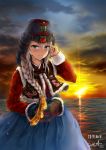  1girl 9a-91_(girls_frontline) artist_name ayam_(clothes) bangs blue_eyes blurry blush bokeh braid breasts chima_(clothes) cloud cloudy_sky dated depth_of_field dusk eyebrows_visible_through_hair fur-trimmed_jacket fur_trim girls_frontline hair_between_eyes hair_ornament hair_over_shoulder hanbok hand_on_own_face hat hue301 jacket jeogori_(clothes) jokki_(clothes) korean_clothes light_particles long_hair long_sleeves looking_at_viewer medium_breasts ocean revision signature silver_hair single_braid sky solo standing star_(symbol) star_hair_ornament sun sunlight sunset tareme traditional_clothes very_long_hair water 