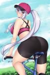  1girl absurdres ass bicycle bike_shorts breasts frolaytia_capistrano ground_vehicle hat heavy_object highres huge_ass large_breasts lindaroze outdoors ponytail purple_eyes silver_hair solo sports_bra thighs 