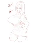  1girl arms_behind_back ekz_(drawfag) english_text hair_between_eyes heart highres ms._ddd naked_shirt original pajamas_challenge pulled_by_self sharp_teeth shirt slender_waist solo spoken_heart t-shirt taut_clothes taut_shirt teeth thighs tight_shirt tongue tongue_out 