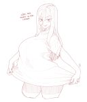  1girl baggy_clothes breasts cropped_legs ekz_(drawfag) english_text hair_between_eyes highres huge_breasts looking_at_viewer ms._ddd original pajamas_challenge shirt solo standing t-shirt 