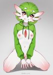  blush breasts clothes_lift gardevoir gen_3_pokemon green_hoodie highres hood hoodie hoodie_lift humanization looking_at_viewer nipples no_humans no_panties no_pants pokemon pokemon_(creature) pussy red_eyes shellvi smile spread_legs sweater sweater_lift thighs white_skin 
