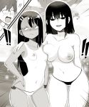  ! !! 1boy 2girls bangs bikini blush breasts collarbone english_commentary glasses hachiouji hair_between_eyes hair_ornament hairclip hand_on_hip heart highres ijiranaide_nagatoro-san inverted_nipples large_breasts long_hair looking_at_viewer micro_bikini mole mole_under_eye monochrome multiple_girls nagatoro_hayase navel nipples nona_moth one-piece_tan open_mouth outdoors siblings sisters skindentation small_breasts smile spoken_exclamation_mark standing string_bikini swimsuit tan tanline topless 