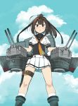  1girl akizuki_(kantai_collection) alternate_costume annin_musou black_hair black_headband black_sailor_collar blush chou-10cm-hou-chan clothes_writing cloud cloudy_sky day feet_out_of_frame grey_eyes hachimaki headband highres kantai_collection kneehighs long_hair neckerchief pleated_skirt ponytail sailor_collar school_uniform serafuku short_sleeves skirt sky solo white_legwear white_skirt yellow_neckwear 