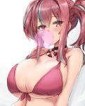  1girl azur_lane bangs bare_shoulders bikini black_choker breasts bremerton_(azur_lane) chewing_gum choker cleavage collarbone commentary_request ear_piercing eyebrows_visible_through_hair front-tie_top grey_hair hair_between_eyes hair_intakes highres large_breasts lifebuoy long_hair looking_at_viewer midriff mole mole_on_breast multicolored_hair parted_lips piercing pink_bikini pink_eyes pink_hair shirazawa sidelocks simple_background smile solo streaked_hair swimsuit twintails two-tone_hair underboob upper_body white_background 